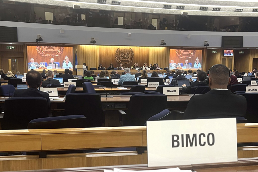 BIMCO sign on a desk at the International Maritime Organization in London